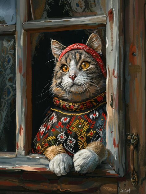 Foto un gatto con un cappello a maglia a mano e un poncho elegantemente posato