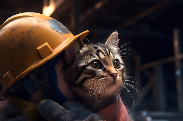 A cat in a hard hat hugs a man in a yellow hard hat.