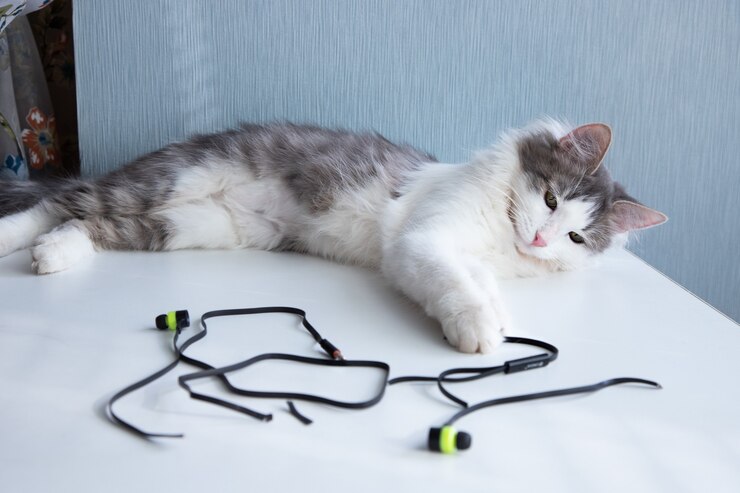 Photo the cat has chewed on the headphones and is chewing on the wires