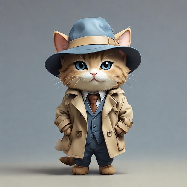 a cat in a hat and coat is standing in front of a gray background