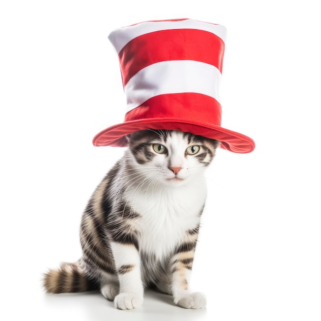 A cat in a hat is sitting on a white background.