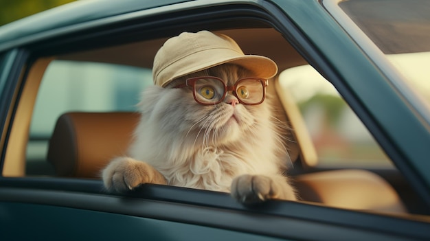 Cat in a hat rides in a car and looks out the window Traveling with a cat transporting a cat