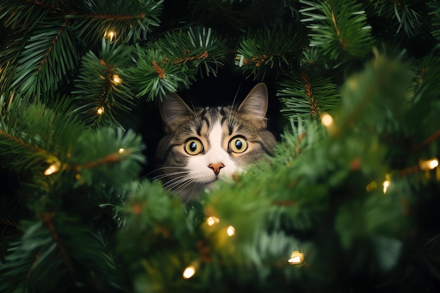 크리스마스 트리에 있는 고양이 머리 AI 생성