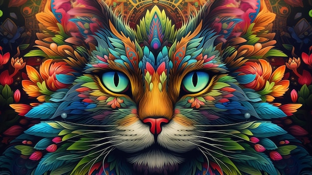 Cat head colorful mandala drawing painting animal illustration image AI generated art