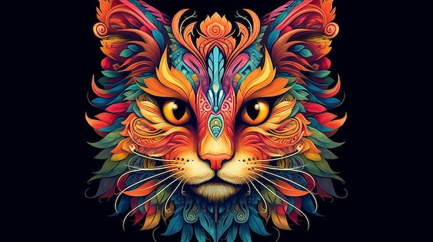 Голова кошки красочная мандала рисунок живопись животная иллюстрация изображение искусственный интеллект генерирует искусство