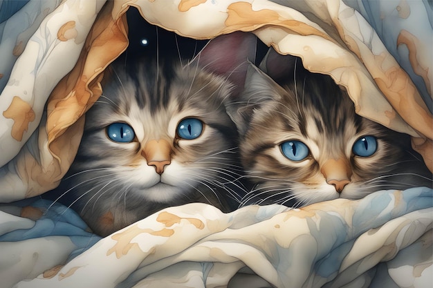 Cat hiding in blanket image illustration