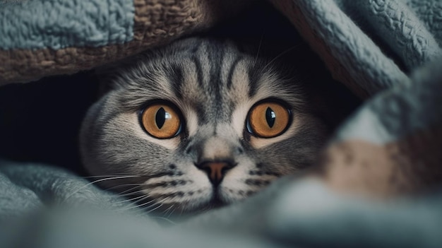 A cat hiding under a blanket