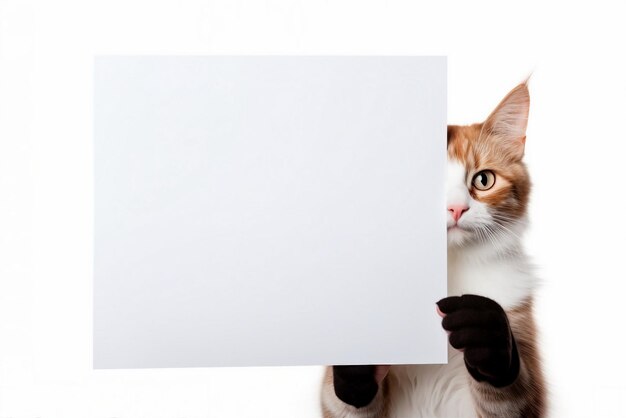 猫は白いバナー紙を握る