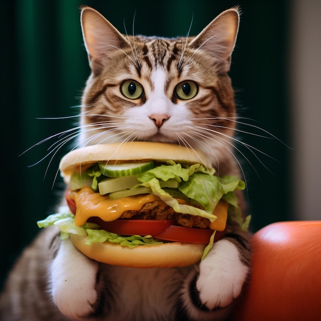 Cat Holding a Cheeseburger in its Paws