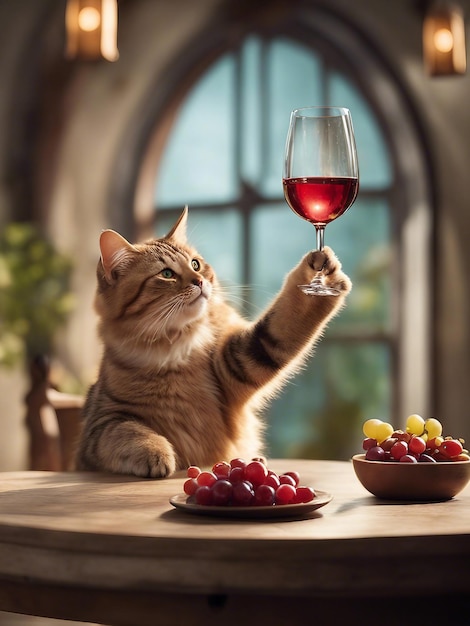 Cat holding glass of wine