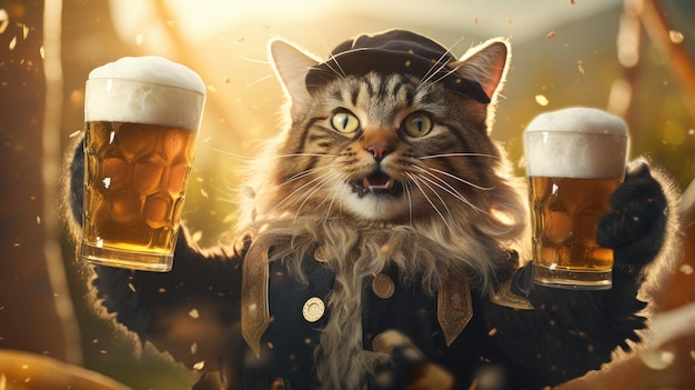 Cat holding a large beer mug for Oktoberfest celebration Generative AI