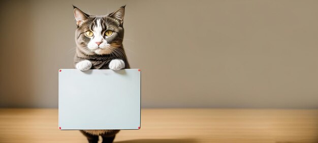 Photo cat holding a whiteboard panorama generative ai