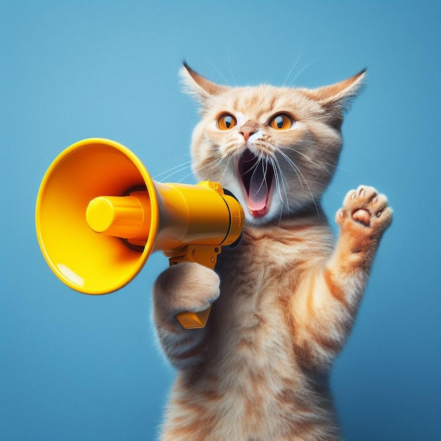 A cat holds a yellow loudspeaker in its paws