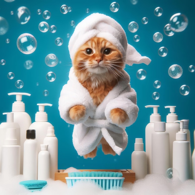 A cat in a homemade fluffy robe with a towel on his head smiles jumping among bottles of shampoo