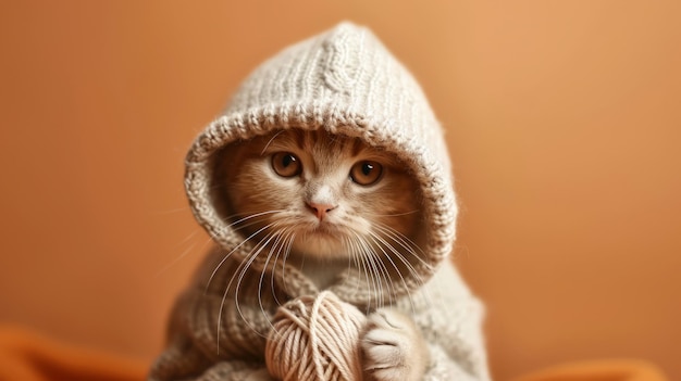 Cat in hoodie with yarn ball on isolated orange background