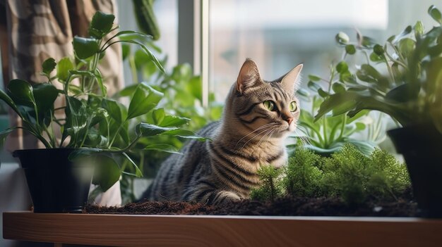 Cat and house plants in the apartment a lot of greenery AI generated