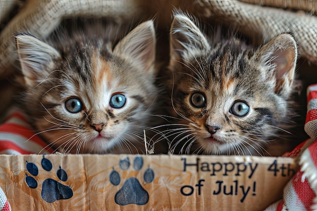 Foto cat illustratie onafhankelijkheidsdag twee nieuwsgierige kittens kijken uit achter een kartonnen doos versierd met poten afdrukken en de woorden gelukkige 4 juli