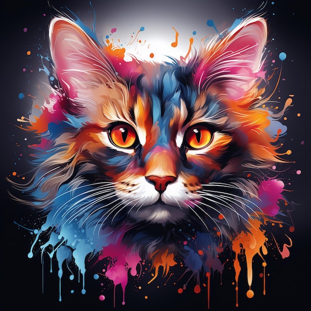 Cat illustration tshirt design with colorful splash brushes