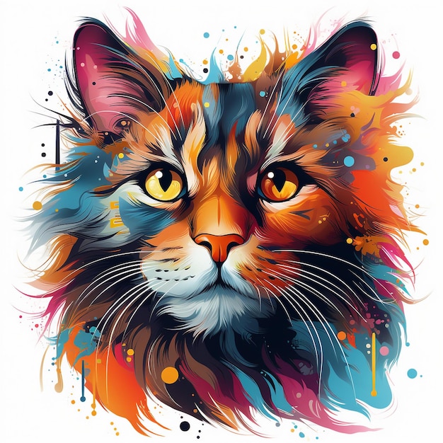 다채로운 스플래시 브러쉬를 가진 고양이 일러스트레이션 티셔츠 디자인