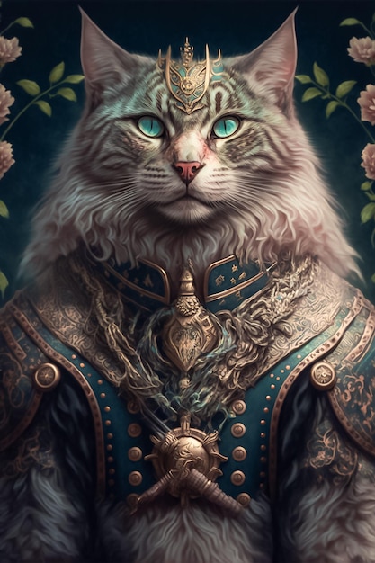 Cat in Shining Armor Portret met een intimiderende blik AI gegenereerd