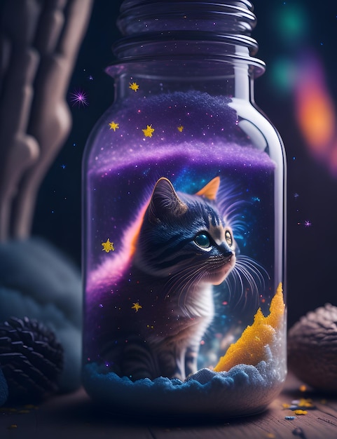 Cat inside a magical jar galaxy environment whimsical background