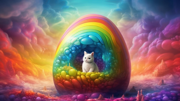 A cat inside a rainbow egg