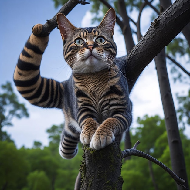 猫が枝の上にいて、枝の下から見上げています。