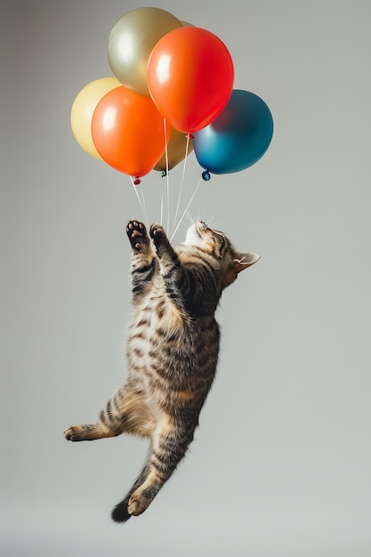 Photo a cat is carried away by balloons