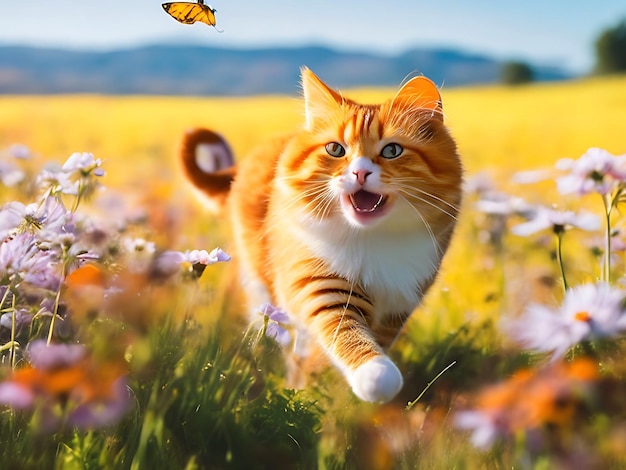 A cat is chasing a butterfly in a garden ai generated