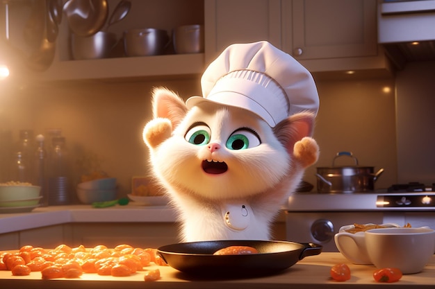 Cat is a chef cooking in kitchen 3d realism style cartoon character AI Generative