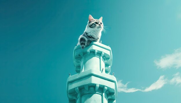 The cat is climbing on top of a tower in the style of light teal and skyblue