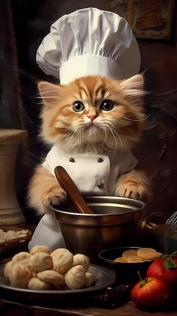 A cat is cooking in a kitchen with a spoon in it.