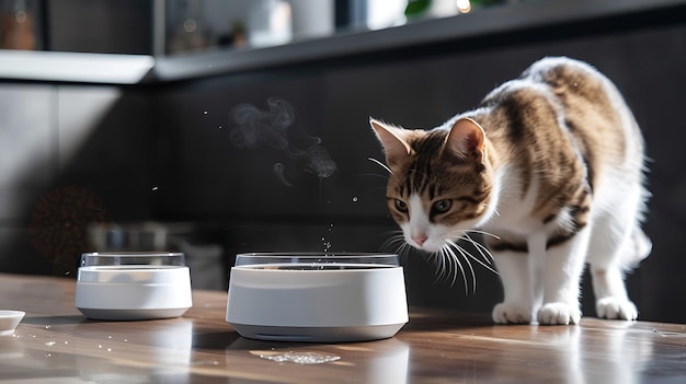 Photo a cat is curiously sniffing at a modern glass and ceramic pet bowl the bowl is filled with water and the cat is