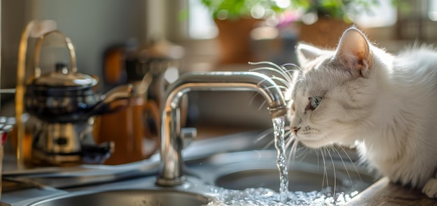 A cat is drinking water from a sink