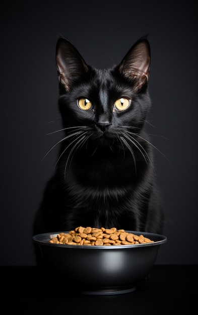 A cat is eating food from a bowl