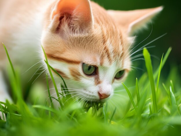 고양이가 신선한 녹색 풀을 먹고 있습니다 AI 생성