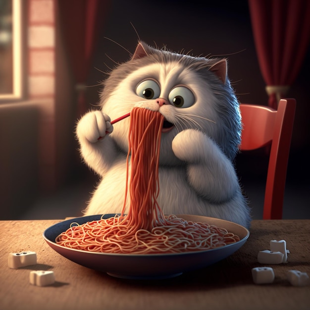 A cat is eating spaghetti with the word cat on it.