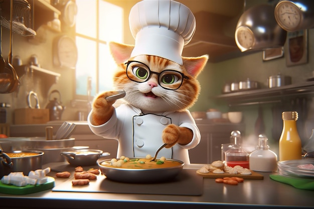 Cat is een chef-kok die kookt in de keuken 3D-realisme-stijl stripfiguur AI Generative