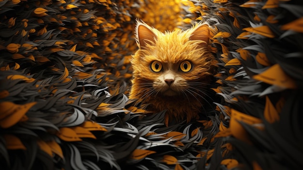 A cat is hiding in the leaves of a bush ai