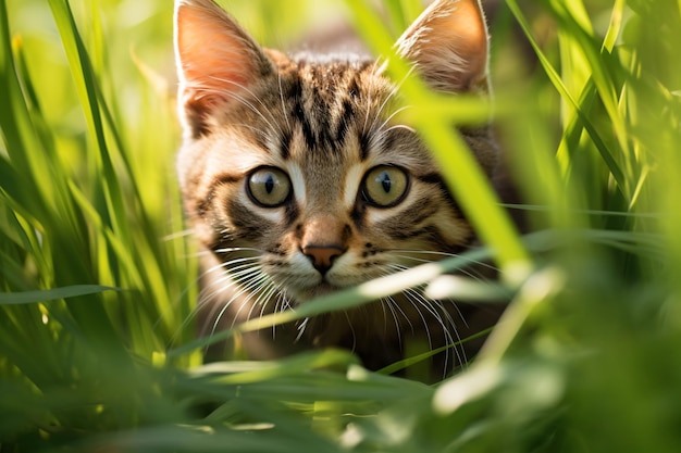 猫が背の高い草の中に隠れています