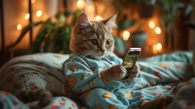 a cat is holding a cell phone in a pajamas