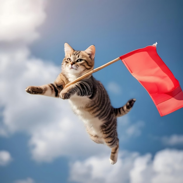 a cat is holding a red flag and a red flag