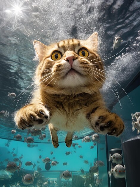 a cat is jumping into the water with a fish in the background