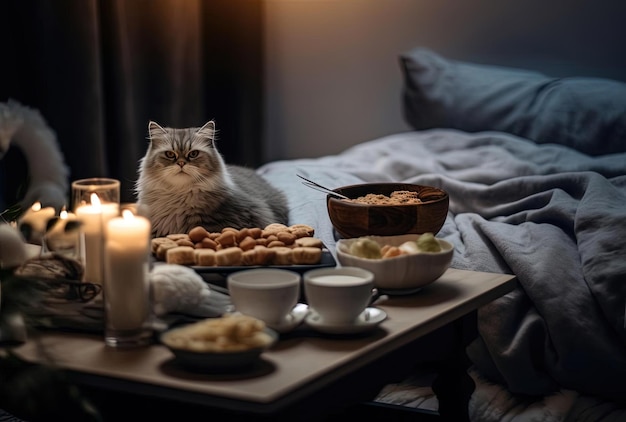 a cat is laying in a bed with a snack waiting for its owner