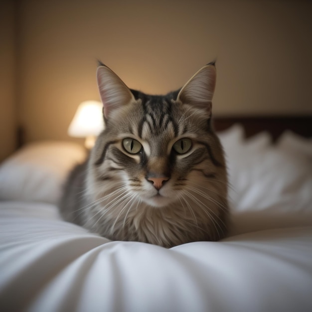 Кошка лежит на кровати с белыми простынями и лампой за ней.
