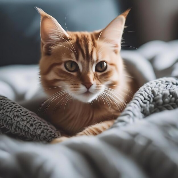 кошка лежит на одеяле с серым одеялом