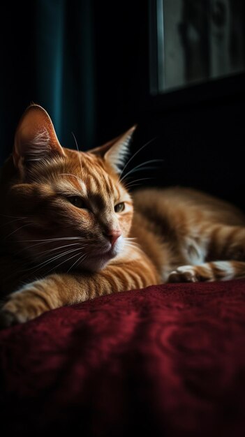 A cat is laying down on a red blanket.