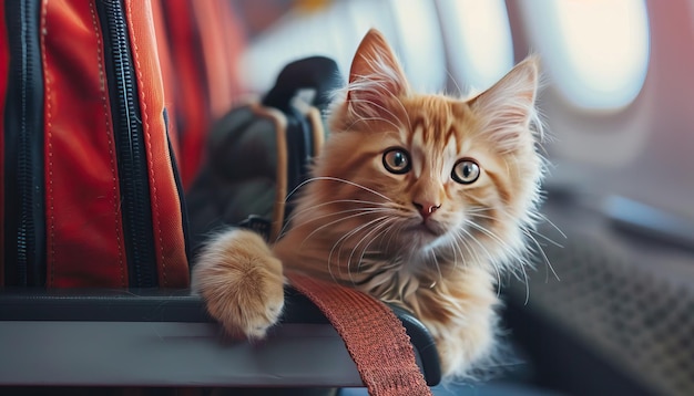 Photo a cat is laying on a red bag with a strap on it by ai generated image