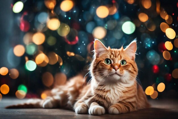 猫がクリスマスツリーを背にテーブルの上に横たわっている