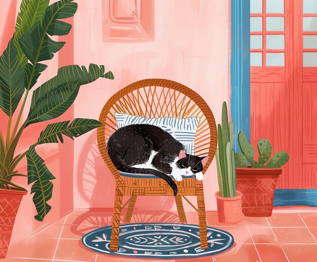 Photo a cat is laying on a wicker chair in front of a potted plant